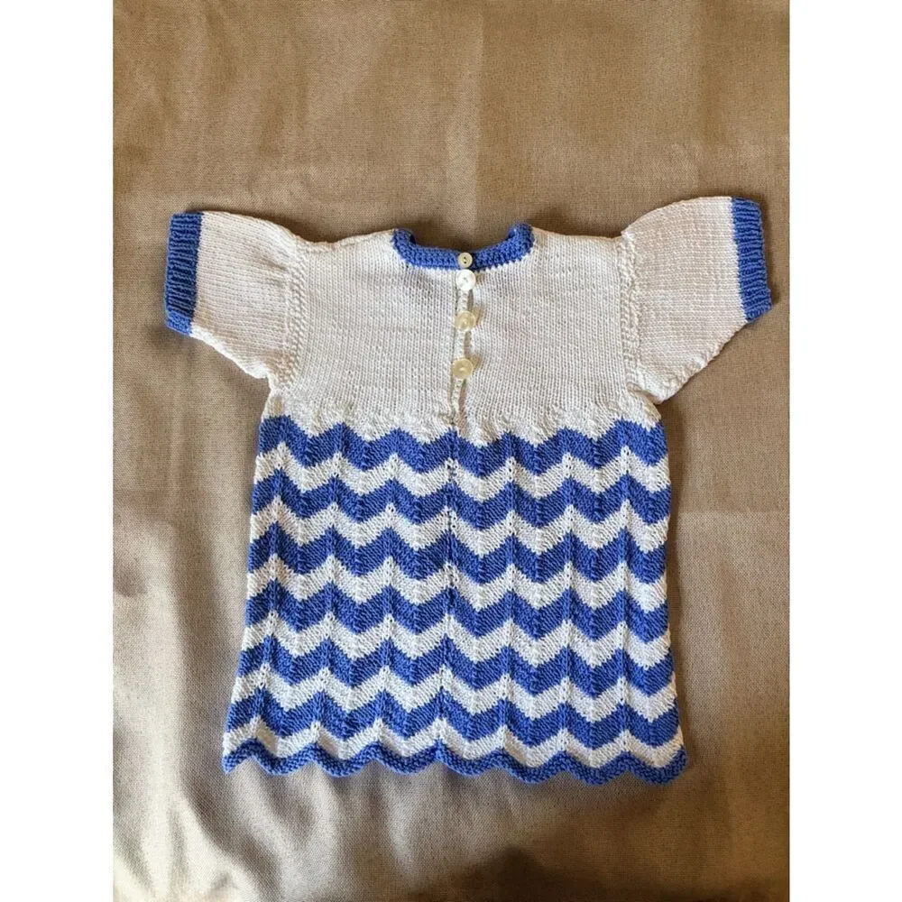 Vintage 1960s Hand Knit Baby Dress Blue White Chevron 9-12M